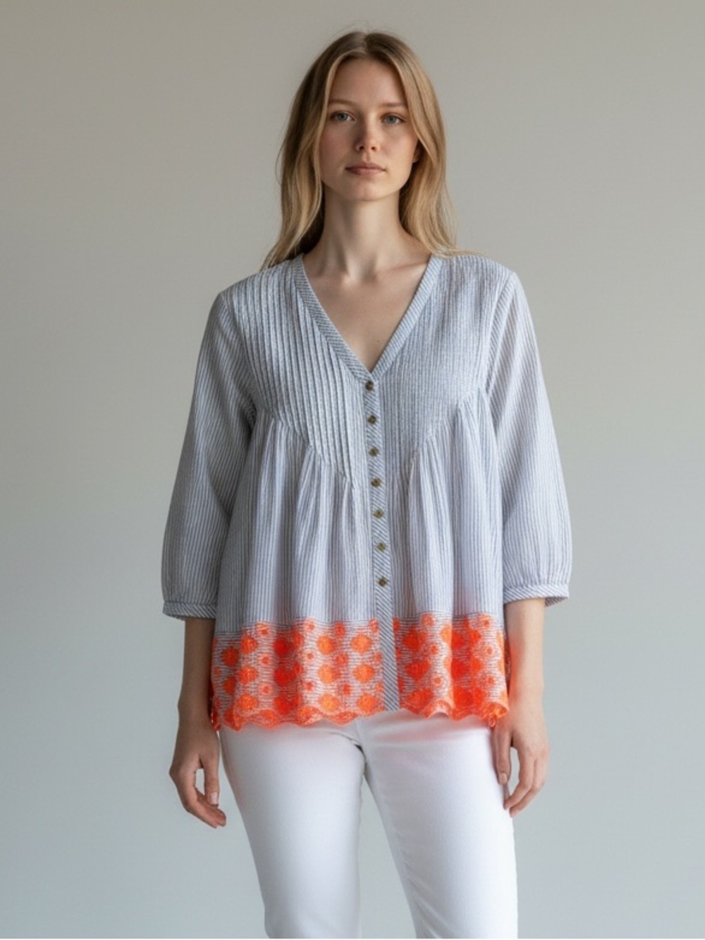 Roberta Roller Rabbit by Roberta Freymann Pinstriped Cotton Roll-Tab Top size M